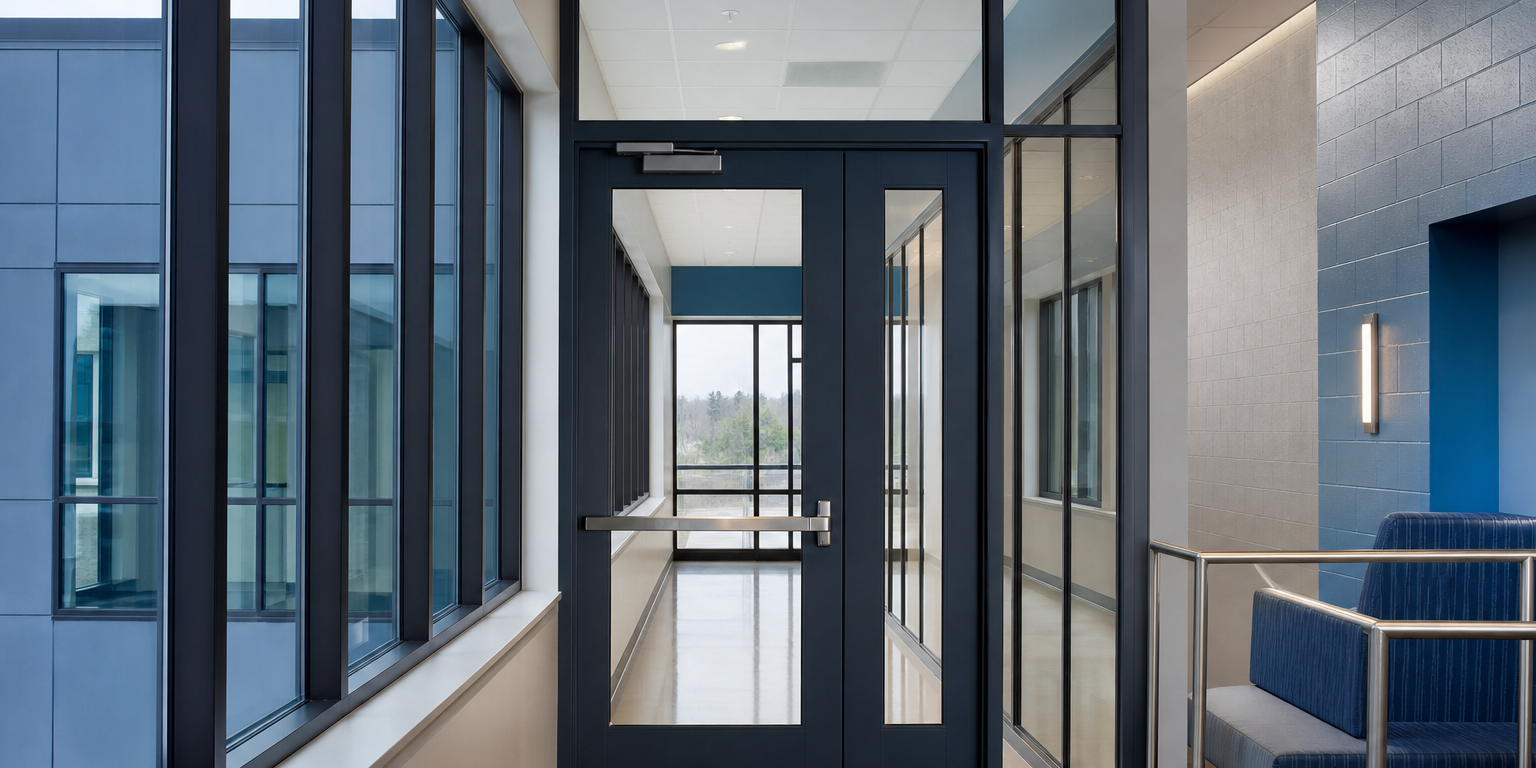 Clear fire-rated glass ceramic installed in a commercial aluminum-framed door and sidelite opening.