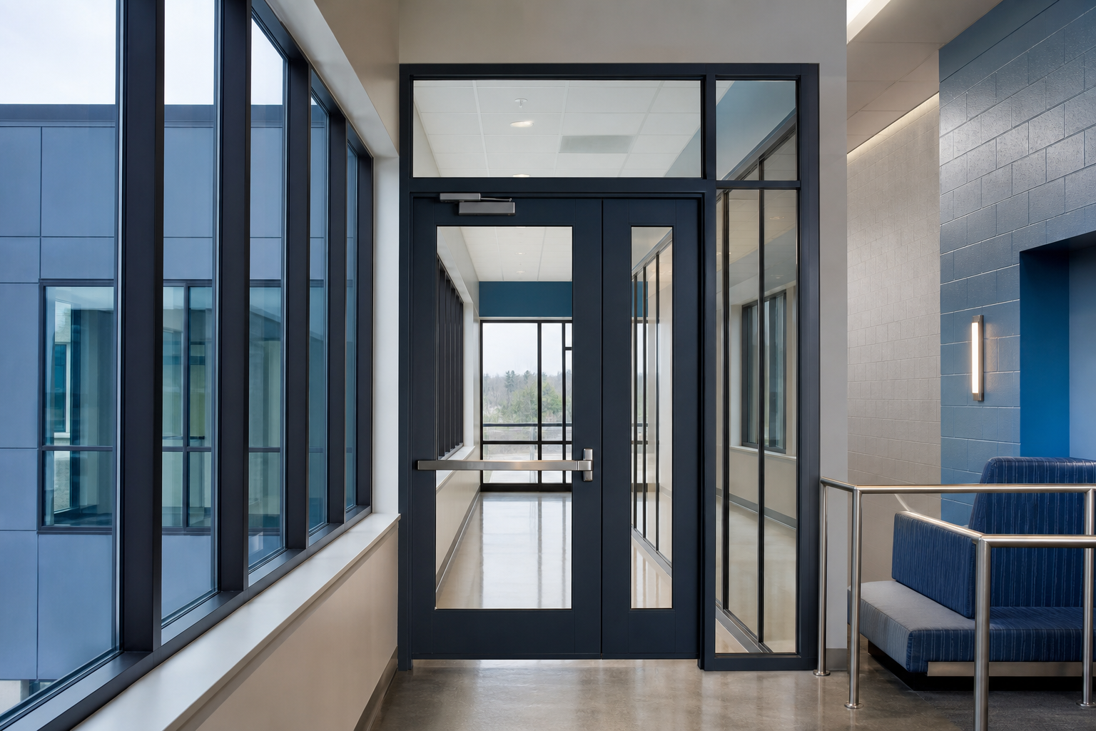 Clear fire-rated glass ceramic installed in a commercial aluminum-framed door and sidelite opening.