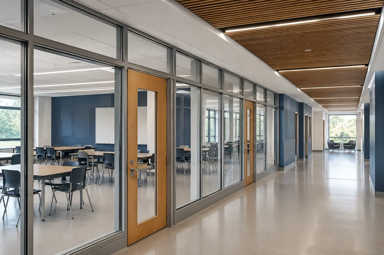 Illustrative modern school corridor with glazed classroom doors and sidelites