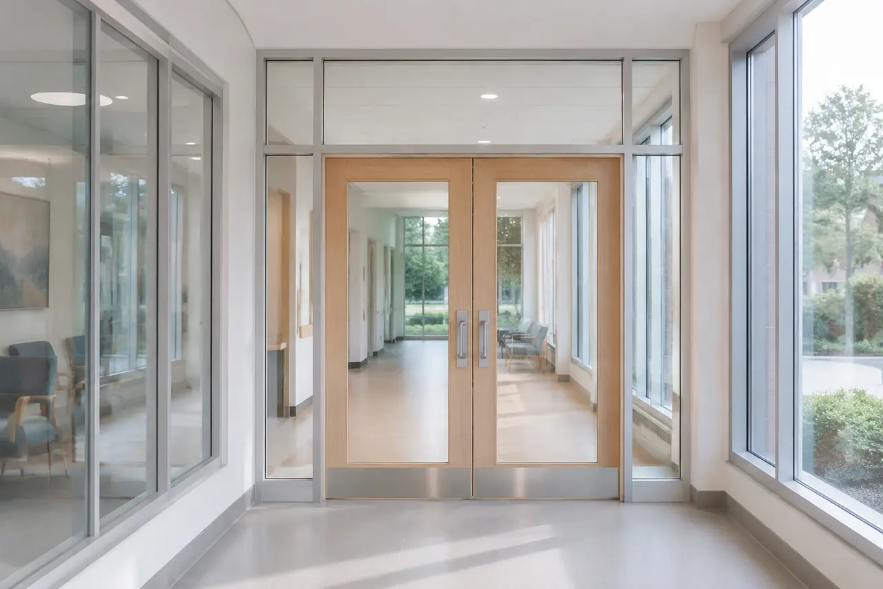 Illustrative healthcare corridor with clear glazed doors, sidelites, and interior windows