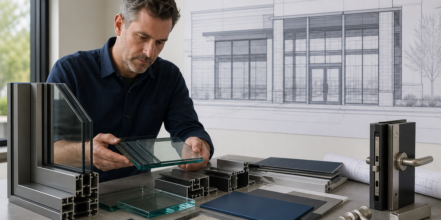 aluminum-storefront-systems-glass-framing-and-hardware-selection-considerations Aluminum Storefront Systems: Glass, Framing, And Hardware Selection Considerations: glass, aluminum framing, entrance door, and hardware samples for aluminum st