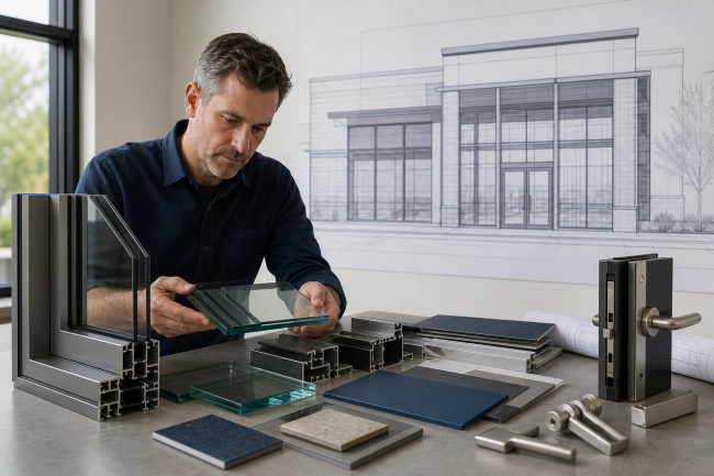 Aluminum Storefront Systems: Glass, Framing, And Hardware Selection Considerations: glass, aluminum framing, entrance door, and hardware samples for aluminum st