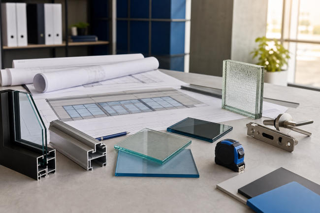 Architect reviewing documents for a custom quote for commercial glass and aluminum storefront materials
