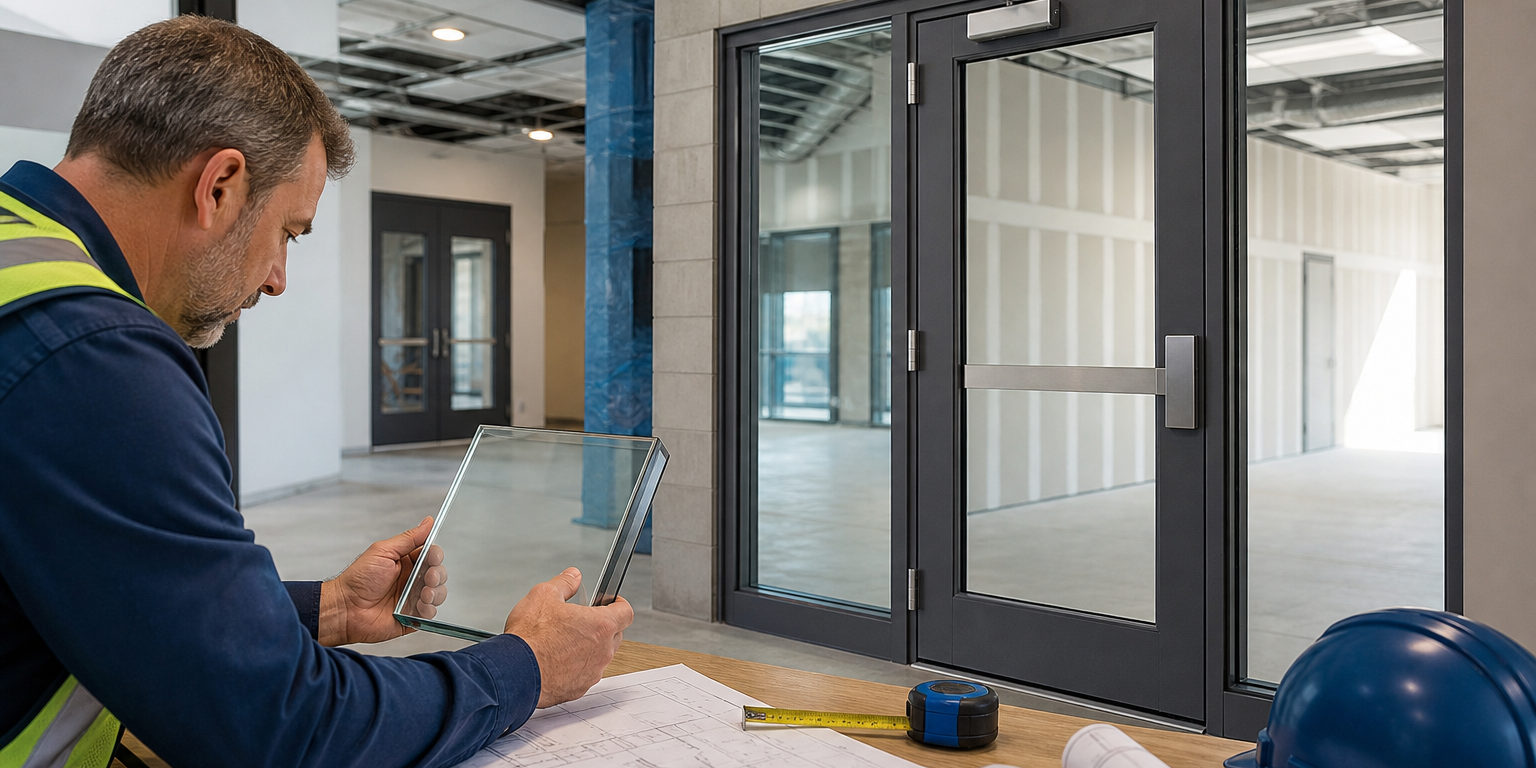 article-4-20260831-191942-d2abb9 Fire-rated glass installed in a commercial door and frame assembly, illustrating how to select fire-rated glass.