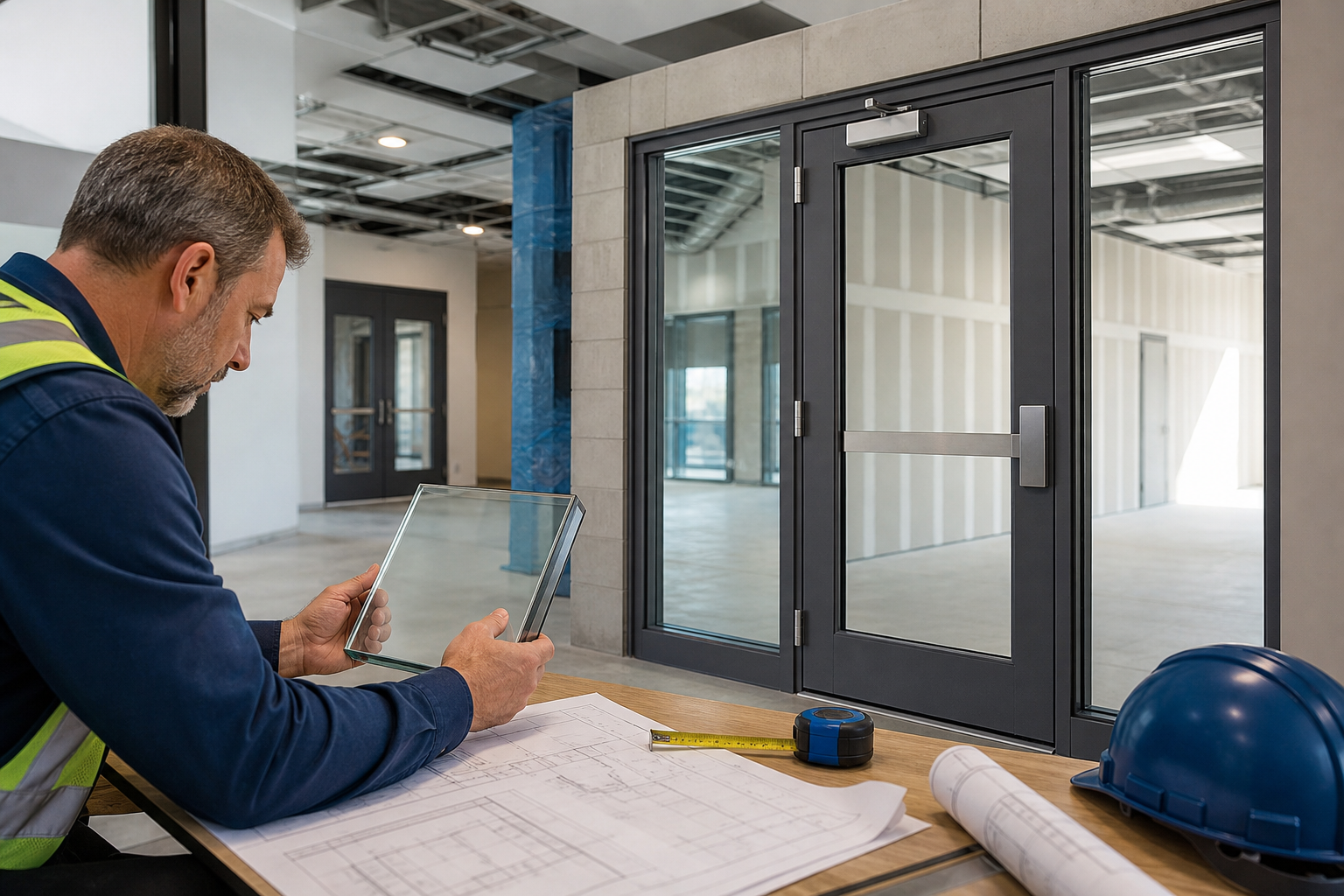 Fire-rated glass installed in a commercial door and frame assembly, illustrating how to select fire-rated glass.