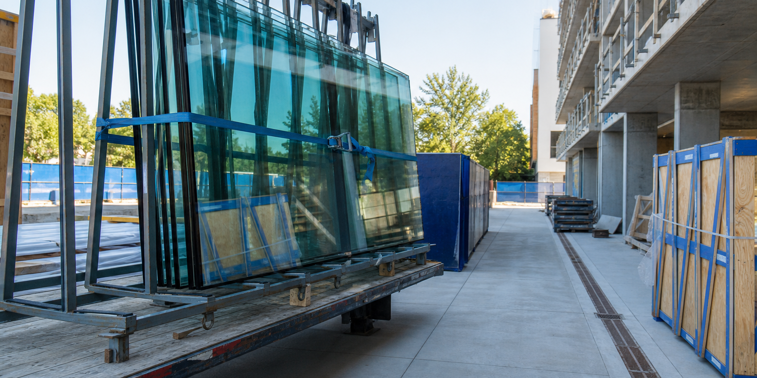 commercial-glass-delivery Commercial glass delivery arriving at a prepared construction jobsite staging area.