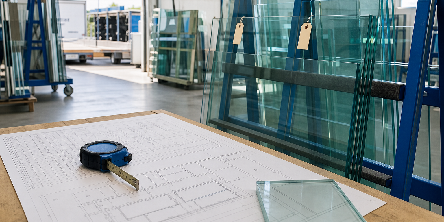 custom-cut-commercial-glass Contractor reviewing dimensions for a custom-cut commercial glass order beside racked glass panels.