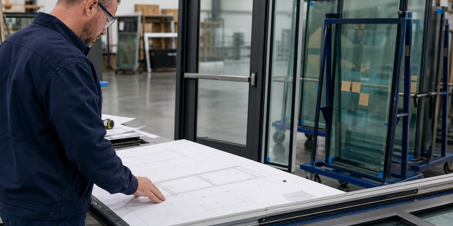 Glazier reviewing dimensions for custom-cut fire-rated glass and a commercial aluminum frame.