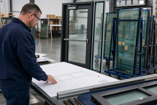 Glazier reviewing dimensions for custom-cut fire-rated glass and a commercial aluminum frame.