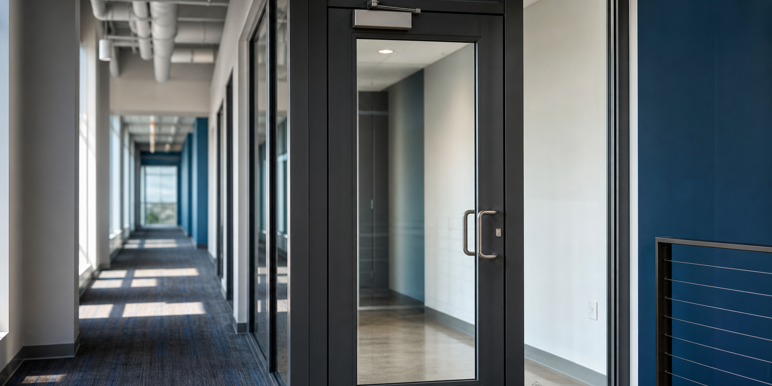 fire-protective-vs-fire-resistive-glass Fire-Protective Vs Fire-Resistive Glass: fire-rated glass door and sidelite in an aluminum frame at a commercial interior opening