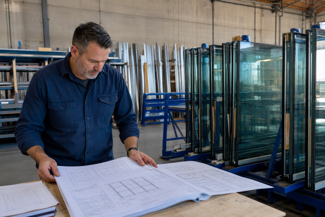 fire-rated-glass-in-dallas-fort-worth-texas-2 Commercial glazier reviewing Fire-Rated Glass in Dallas, Fort Worth, Texas with door-frame drawings.