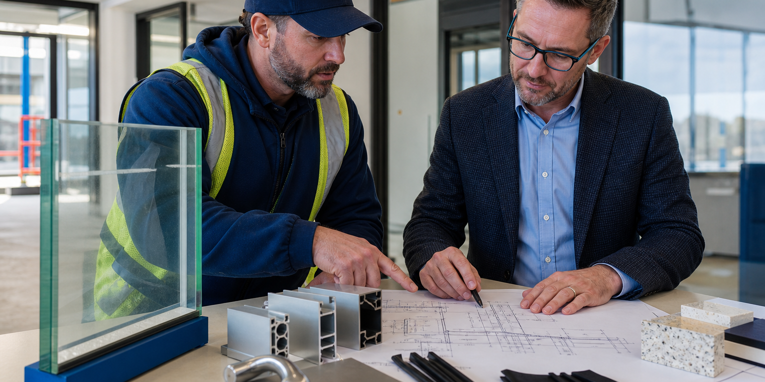 fire-rated-glazing-systems Glazing contractor reviewing fire-rated glazing systems with glass, frame, and door hardware details.