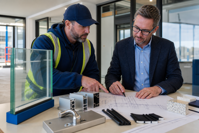 Glazing contractor reviewing fire-rated glazing systems with glass, frame, and door hardware details.
