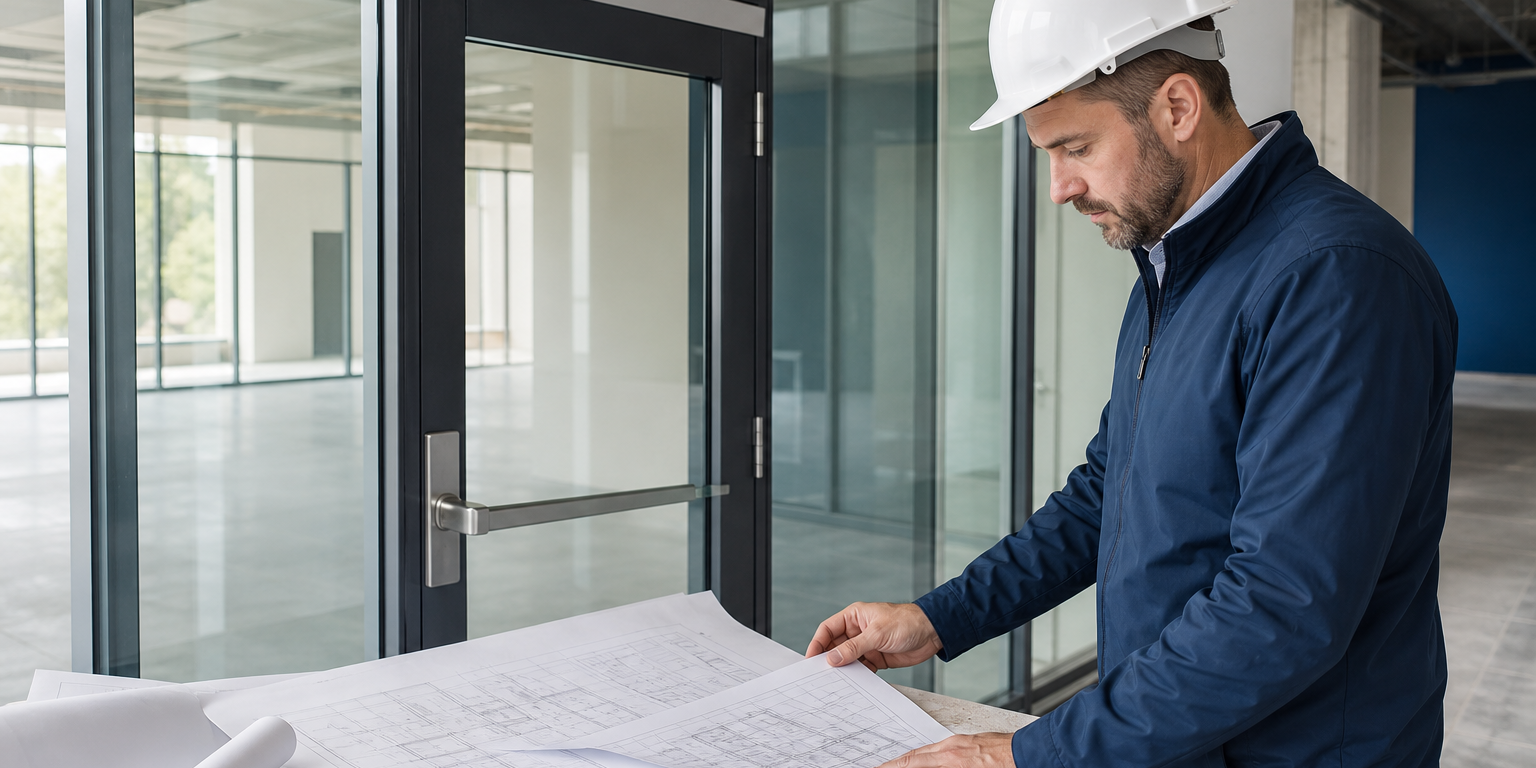 Commercial professional reviewing the fire rating required for commercial glazing at a rated glass door opening.