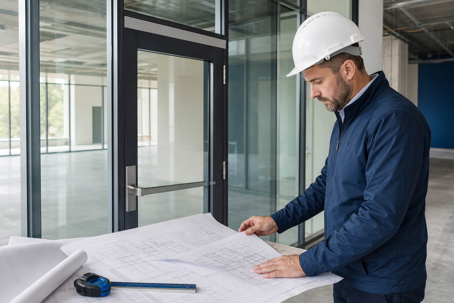 Commercial professional reviewing the fire rating required for commercial glazing at a rated glass door opening.