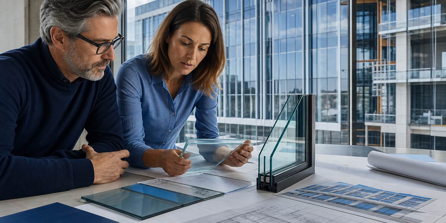 how-to-choose-low-e-glass-for-commercial-construction-projects How To Choose Low-E Glass For Commercial Construction Projects: glazing professionals comparing Low-E glass samples for a commercial construction project