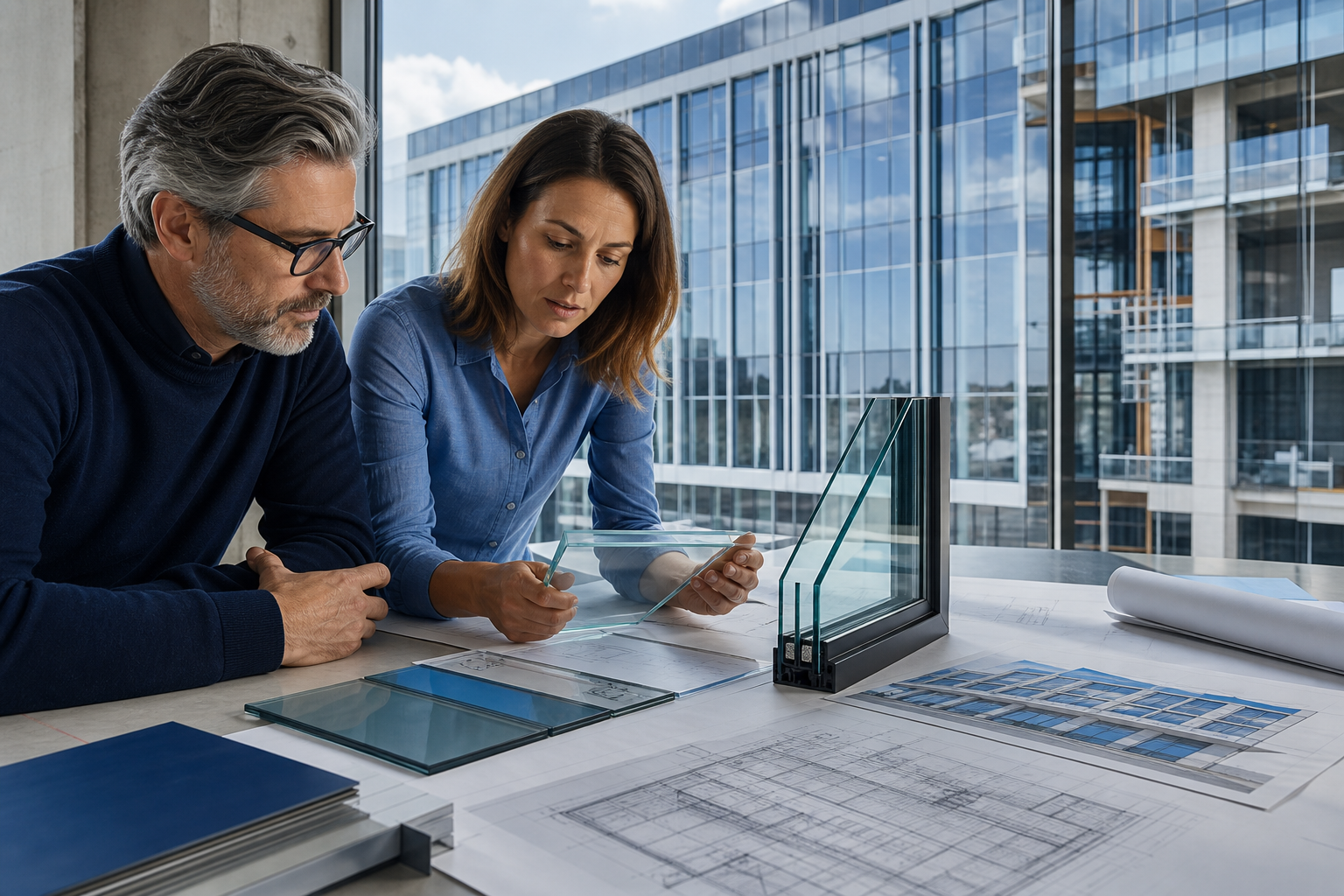 How To Choose Low-E Glass For Commercial Construction Projects: glazing professionals comparing Low-E glass samples for a commercial construction project