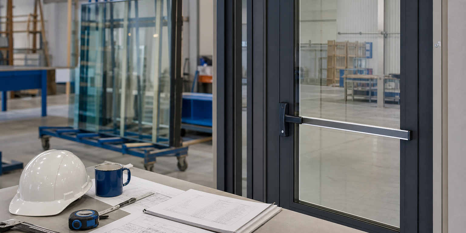 how-to-select-fire-rated-glass-products-for-applicable-building-code-requirements Glazing professional reviewing how to select fire-rated glass products for applicable building-code requirements at a commercial rated opening.