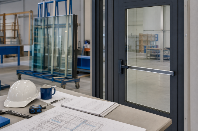 Glazing professional reviewing how to select fire-rated glass products for applicable building-code requirements at a commercial rated opening.