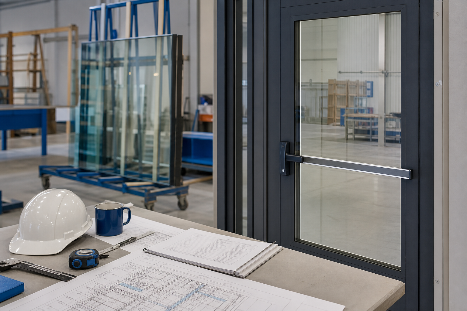 Glazing professional reviewing how to select fire-rated glass products for applicable building-code requirements at a commercial rated opening.