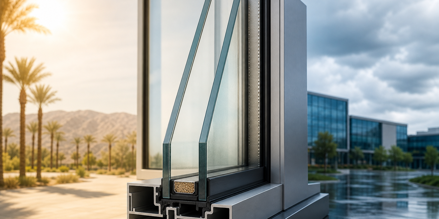 Commercial insulated glass unit showing IGU component selection by climate with Low-E glass and perimeter spacer.