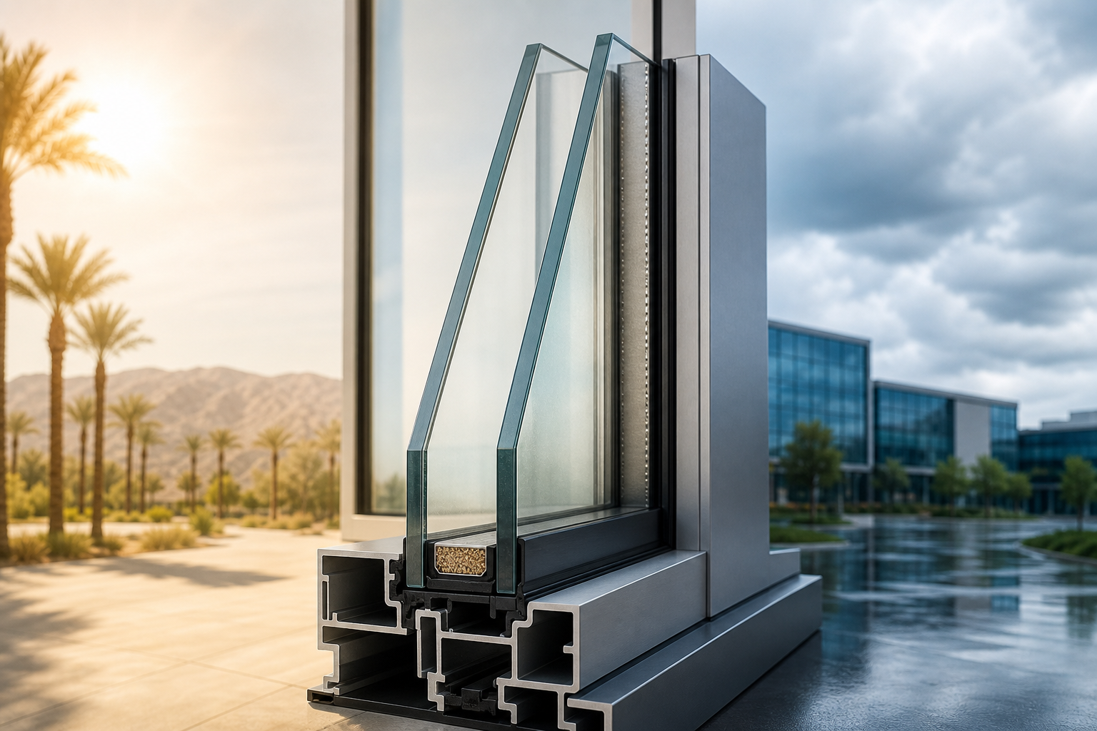 Commercial insulated glass unit showing IGU component selection by climate with Low-E glass and perimeter spacer.