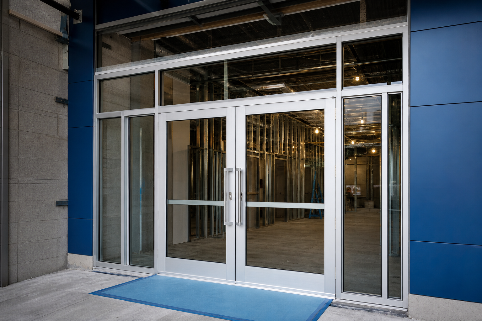 Commercial Aluminum Doors And Frames: How To Choose Components For An Entrance System: commercial aluminum doors and frames installed as a coordinated glass sto